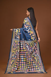 Blended Silk Kantha Stitch Saree Blue