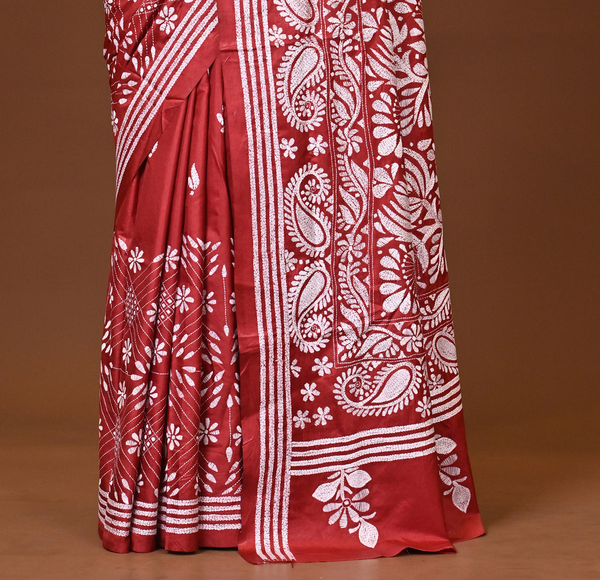 Blended Silk Kantha Stitch Saree Red