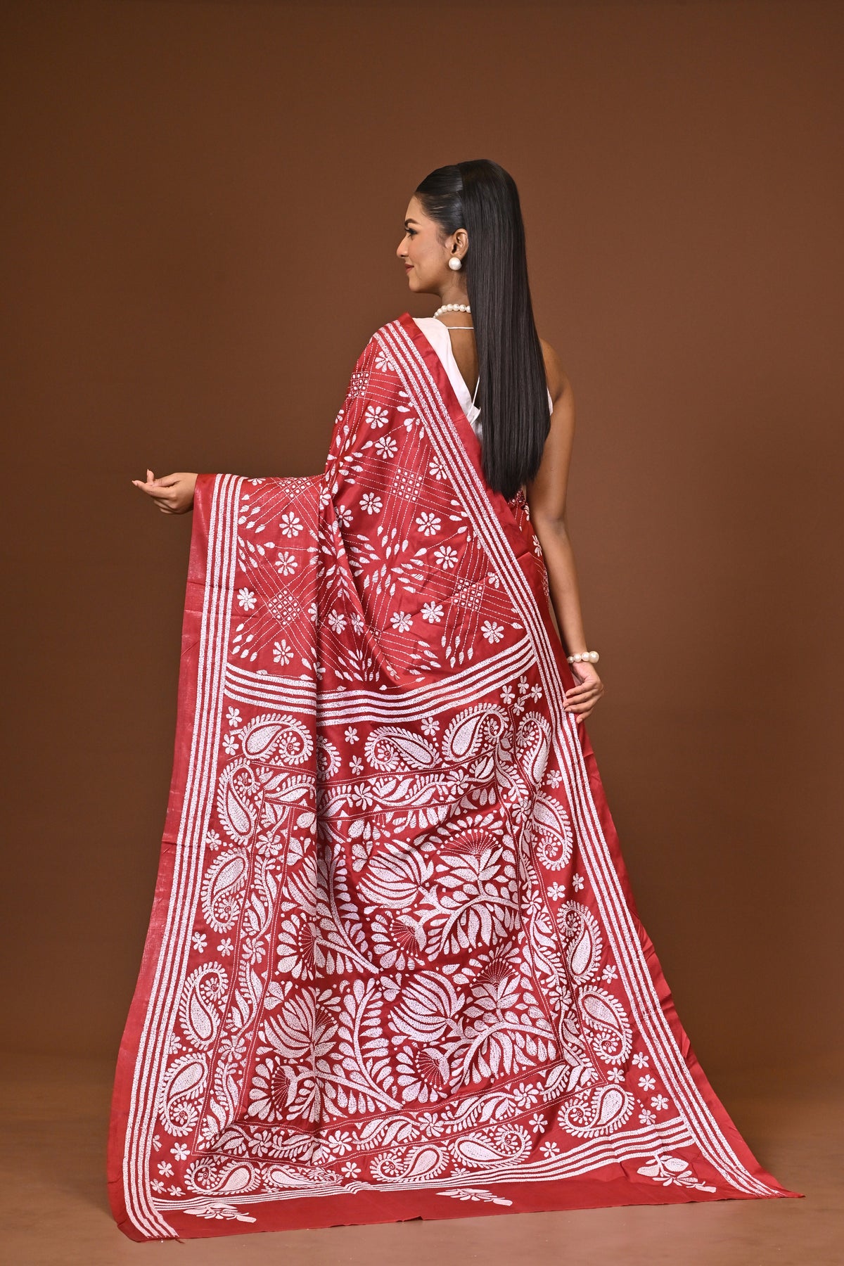 Blended Silk Kantha Stitch Saree Red