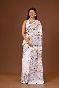 Blended Silk Kantha Stitch Saree White