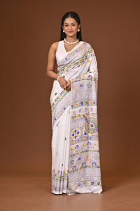 Blended Silk Kantha Stitch Saree White