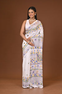 Blended Silk Kantha Stitch Saree White