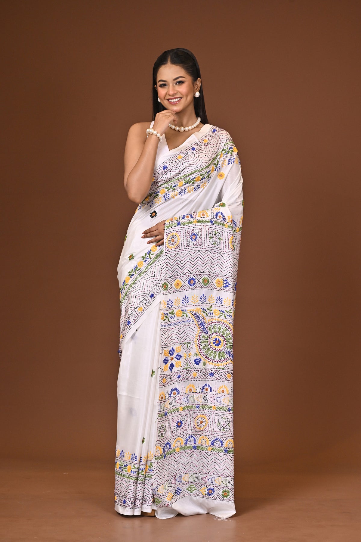 Blended Silk Kantha Stitch Saree White