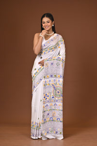 Blended Silk Kantha Stitch Saree White