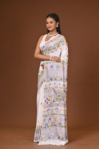 Blended Silk Kantha Stitch Saree White