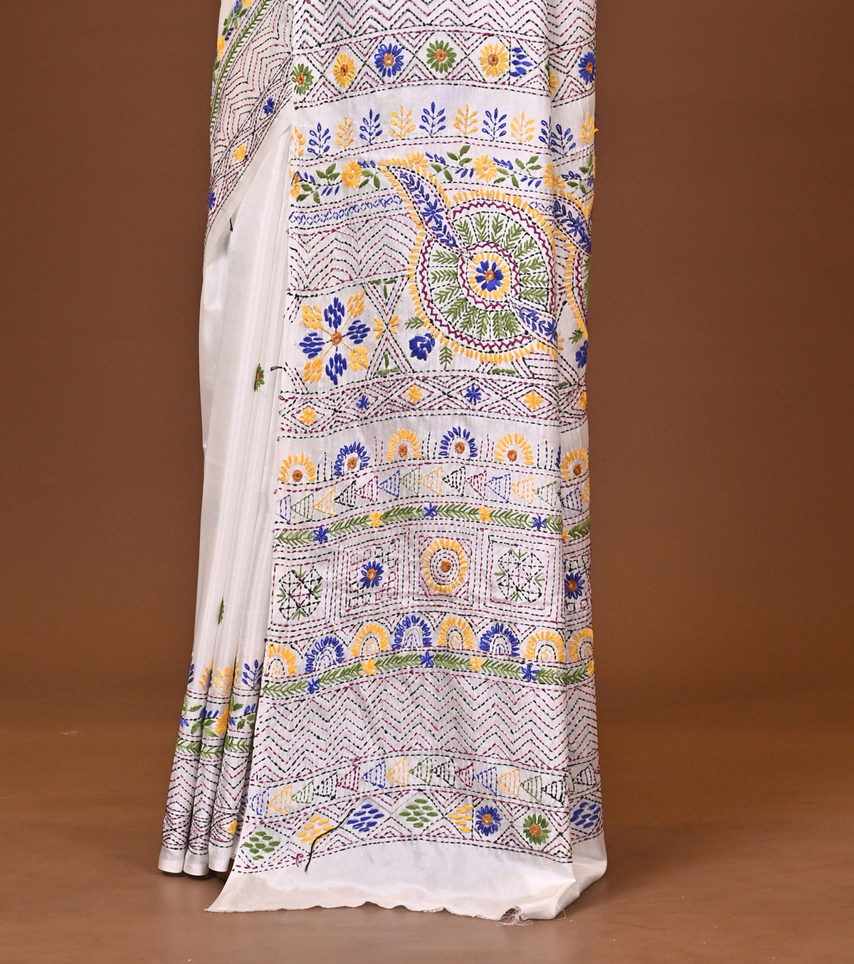 Blended Silk Kantha Stitch Saree White