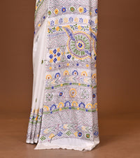 Blended Silk Kantha Stitch Saree White