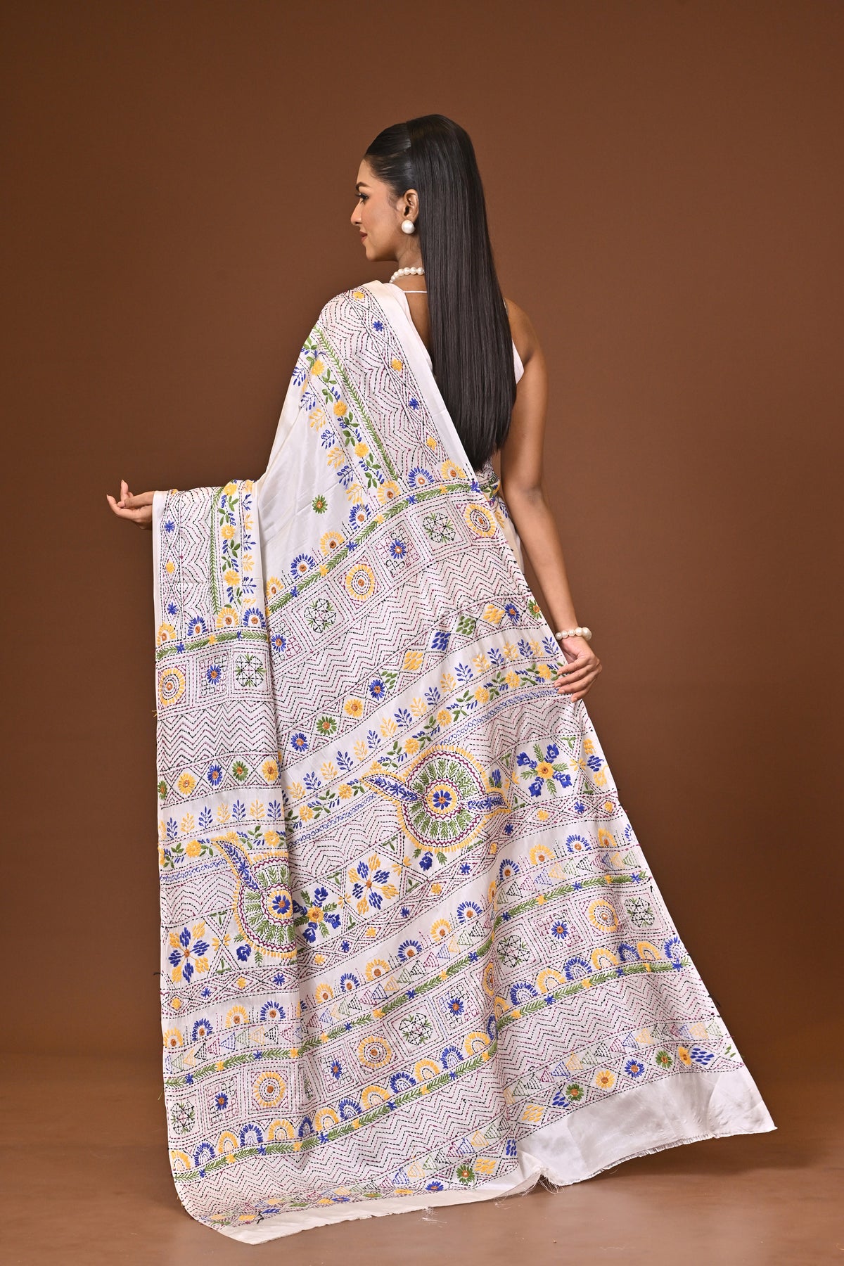 Blended Silk Kantha Stitch Saree White