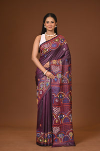Blended Silk Kantha Stitch Saree Brown