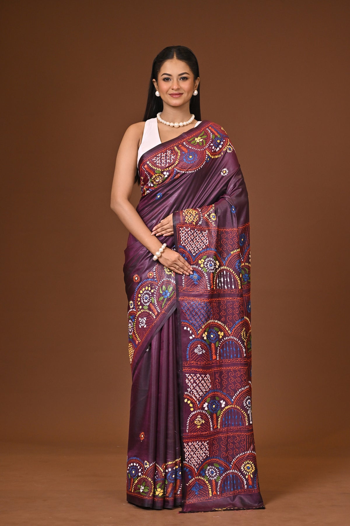 Blended Silk Kantha Stitch Saree Brown