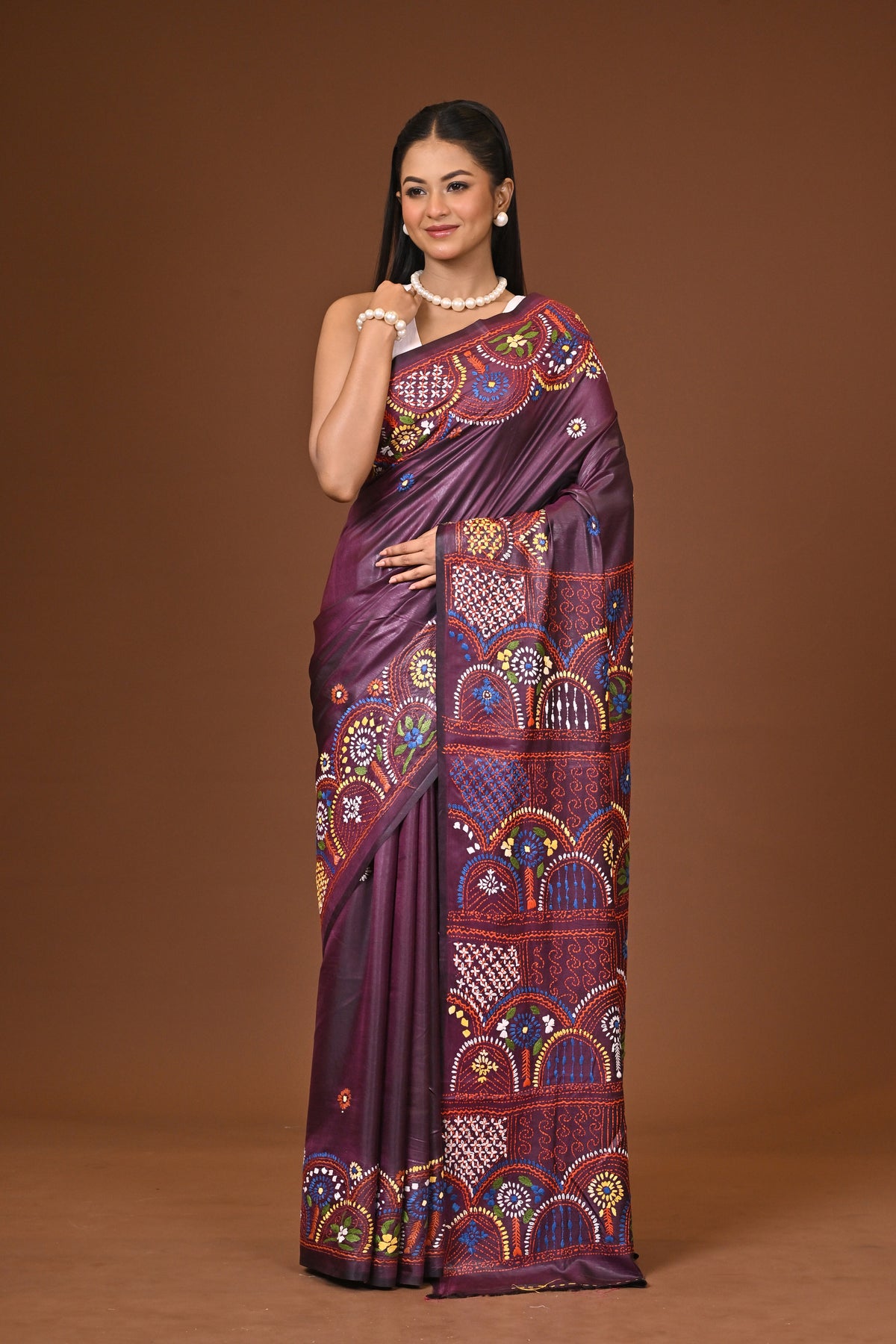 Blended Silk Kantha Stitch Saree Brown