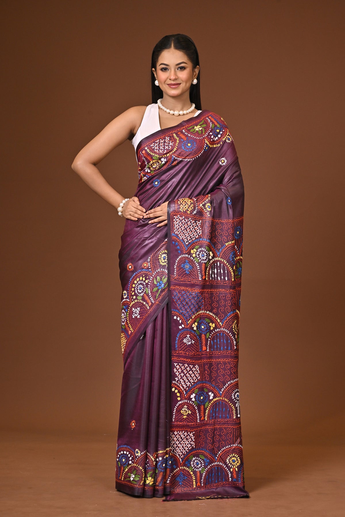 Blended Silk Kantha Stitch Saree Brown