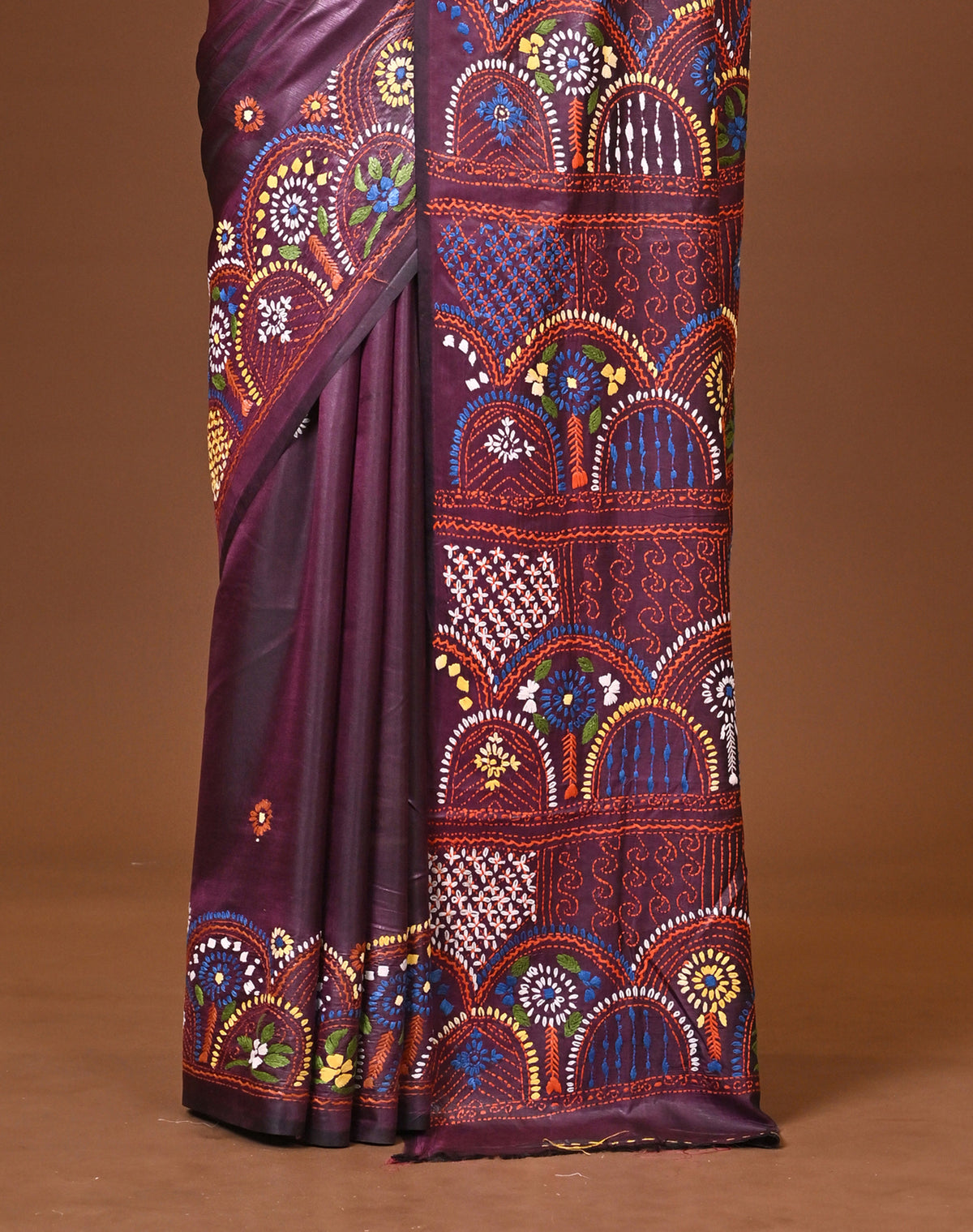 Blended Silk Kantha Stitch Saree Brown