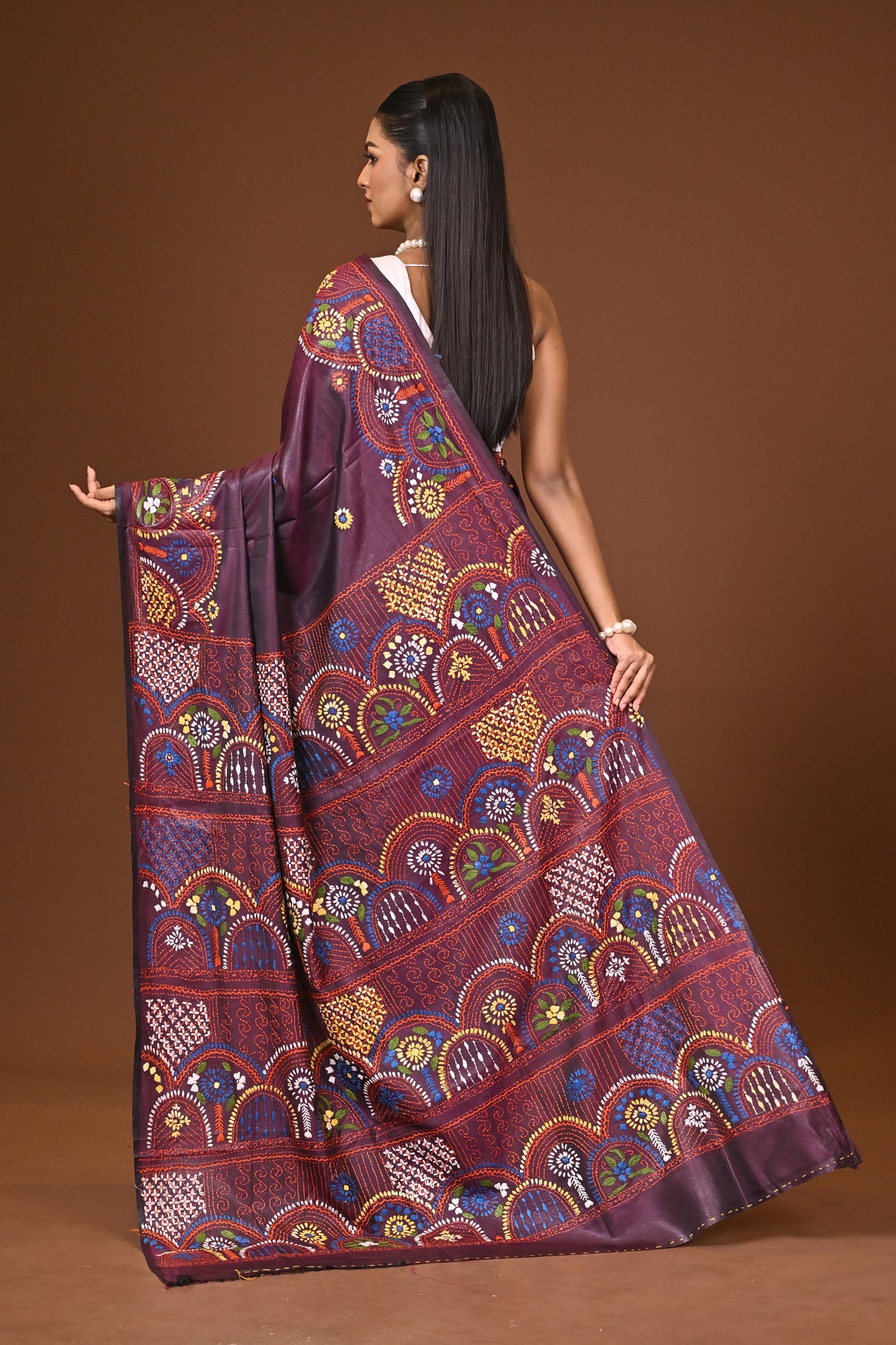 Blended Silk Kantha Stitch Saree Brown