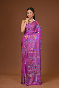 Blended Silk Kantha Stitch Saree Purple