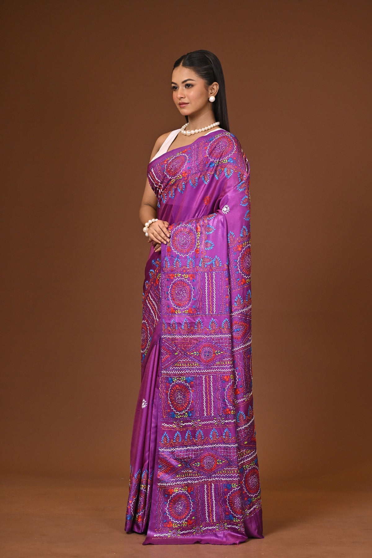 Blended Silk Kantha Stitch Saree Purple