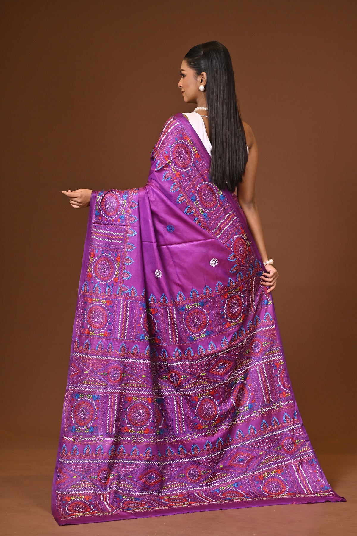 Blended Silk Kantha Stitch Saree Purple