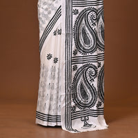 Blended Silk Kantha Stitch Saree White