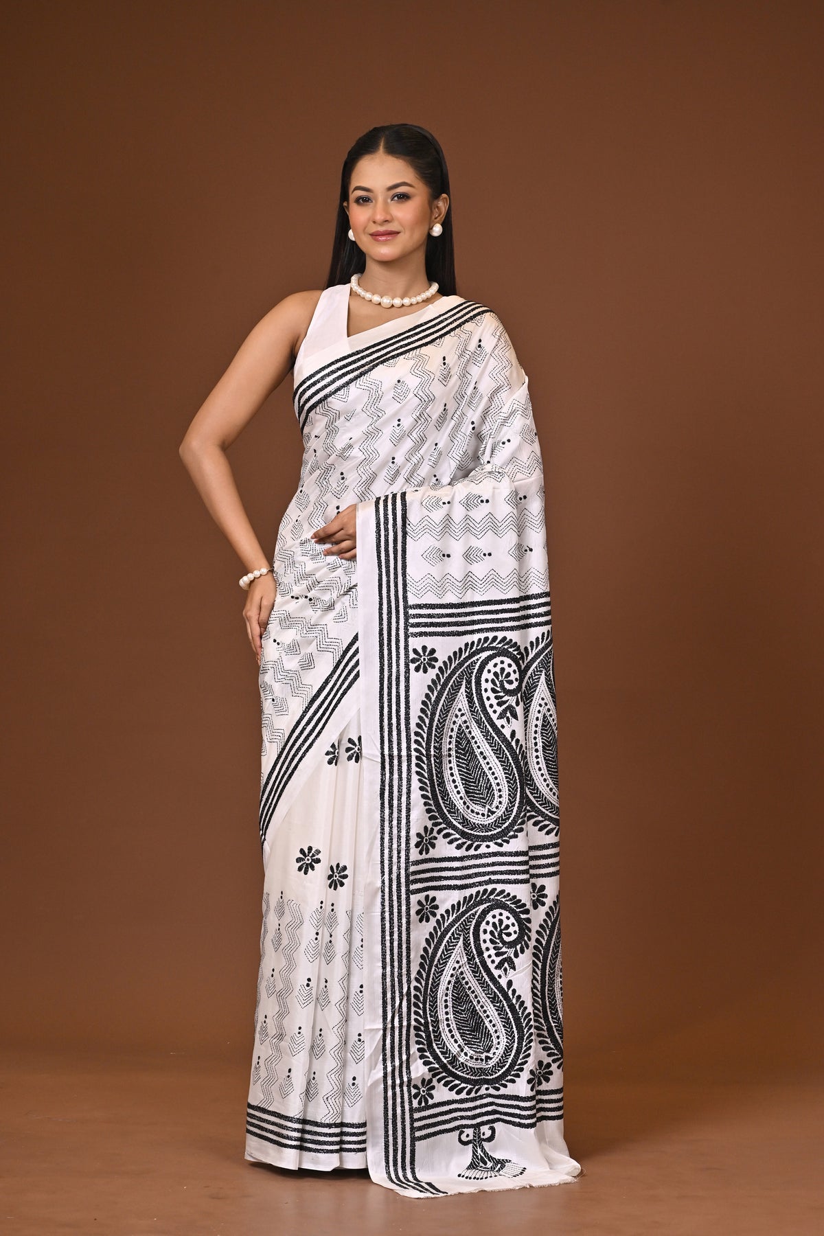 Blended Silk Kantha Stitch Saree White