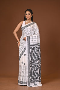 Blended Silk Kantha Stitch Saree White