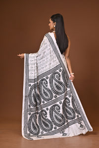 Blended Silk Kantha Stitch Saree White