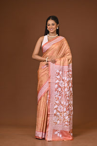 Blended Silk Kantha Stitch Saree Light Peach