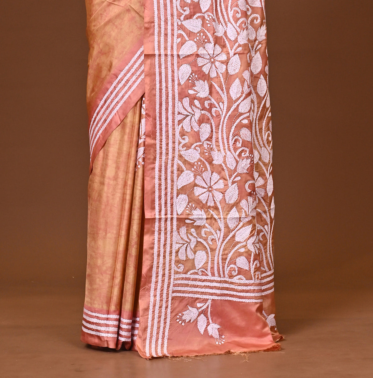 Blended Silk Kantha Stitch Saree Light Peach