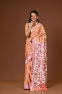 Blended Silk Kantha Stitch Saree Light Peach