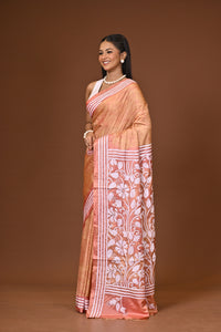 Blended Silk Kantha Stitch Saree Light Peach