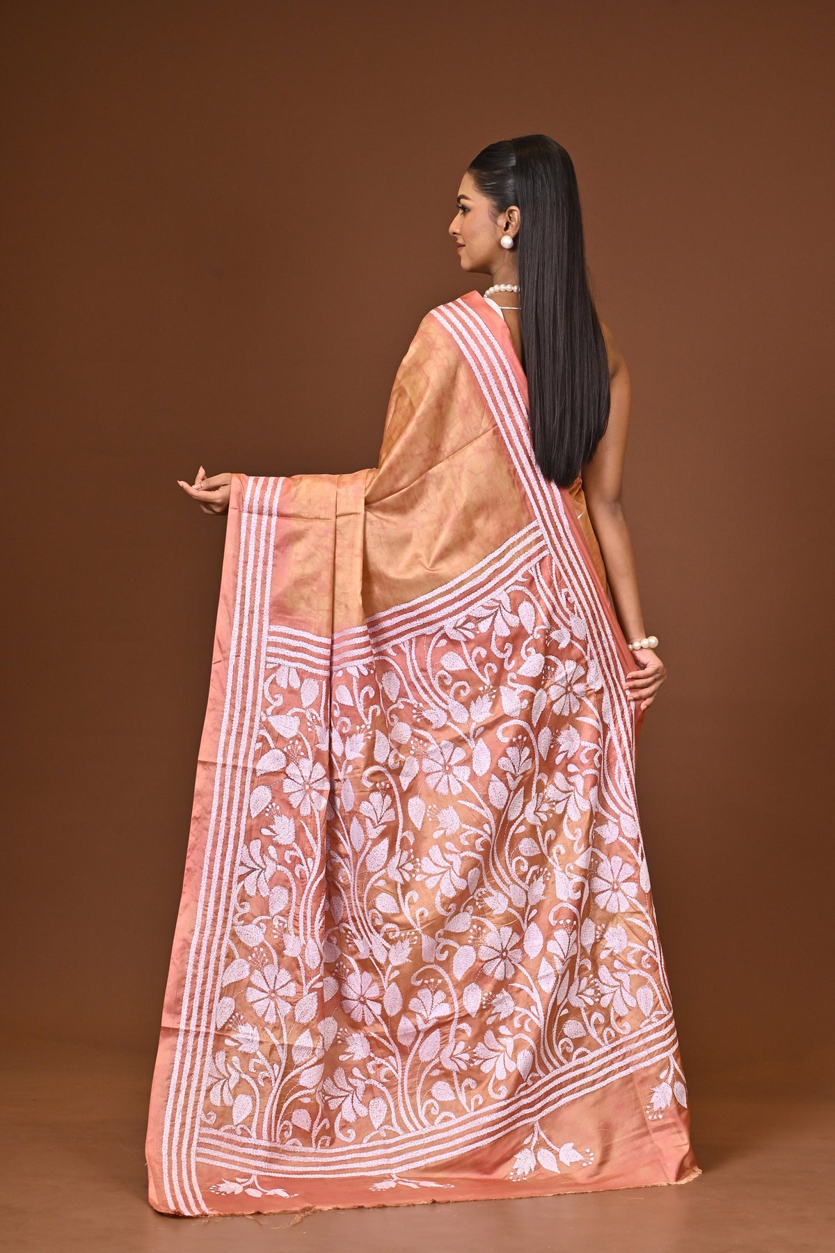 Blended Silk Kantha Stitch Saree Light Peach