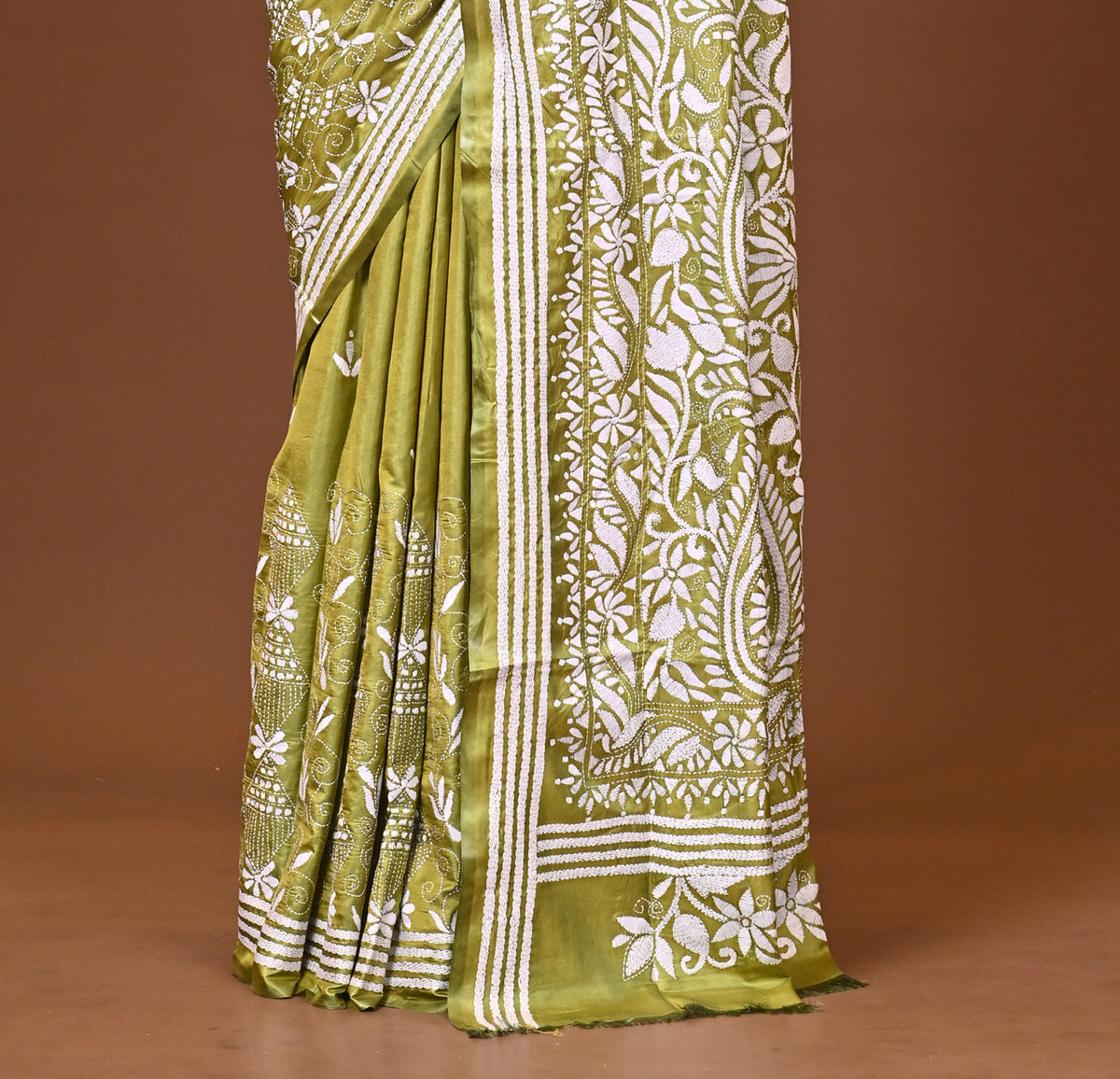 Blended Silk Kantha Stitch Saree Green