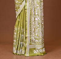 Blended Silk Kantha Stitch Saree Green