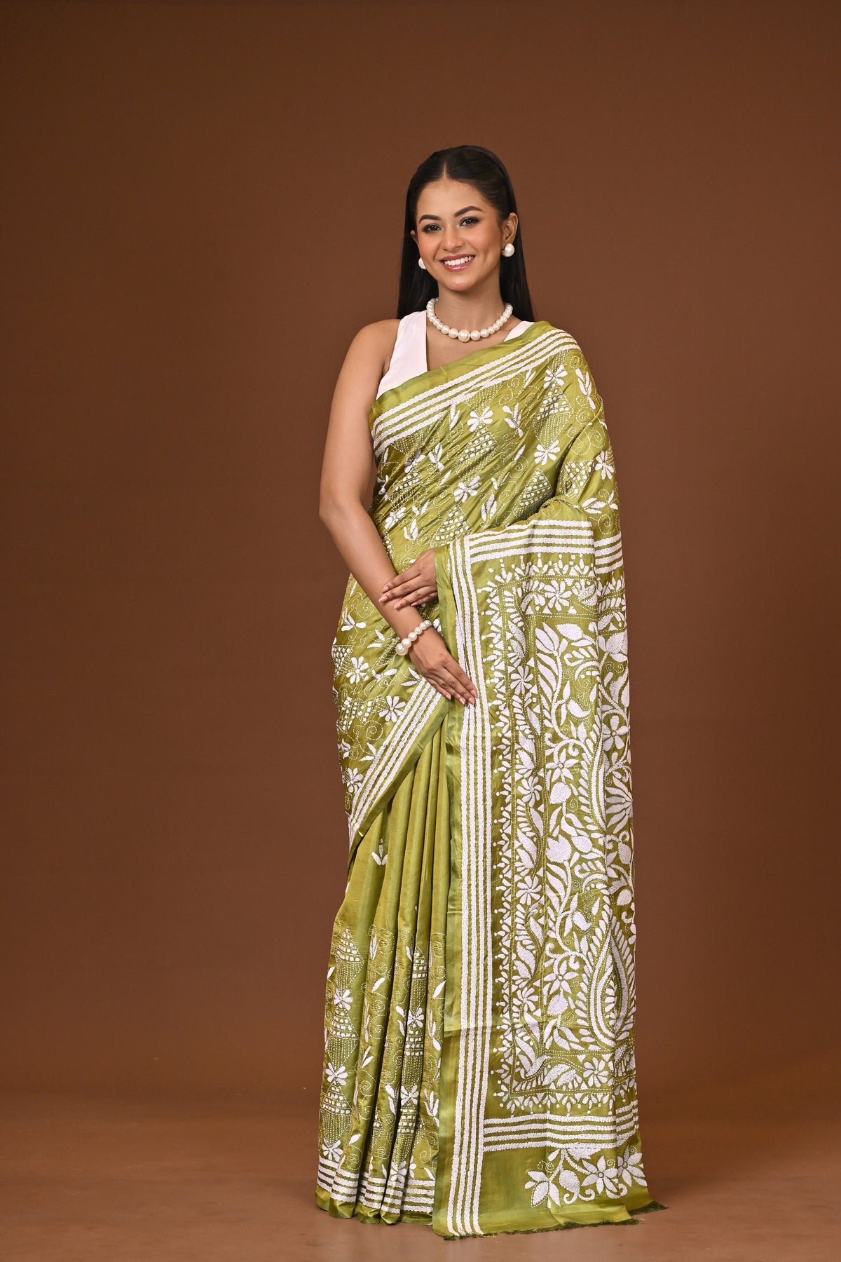 Blended Silk Kantha Stitch Saree Green