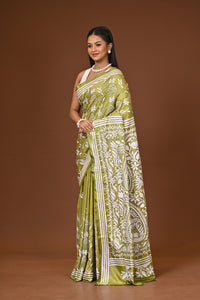 Blended Silk Kantha Stitch Saree Green