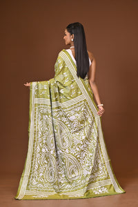 Blended Silk Kantha Stitch Saree Green