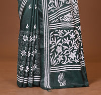 Blended Silk Kantha Stitch Saree Bottle Green