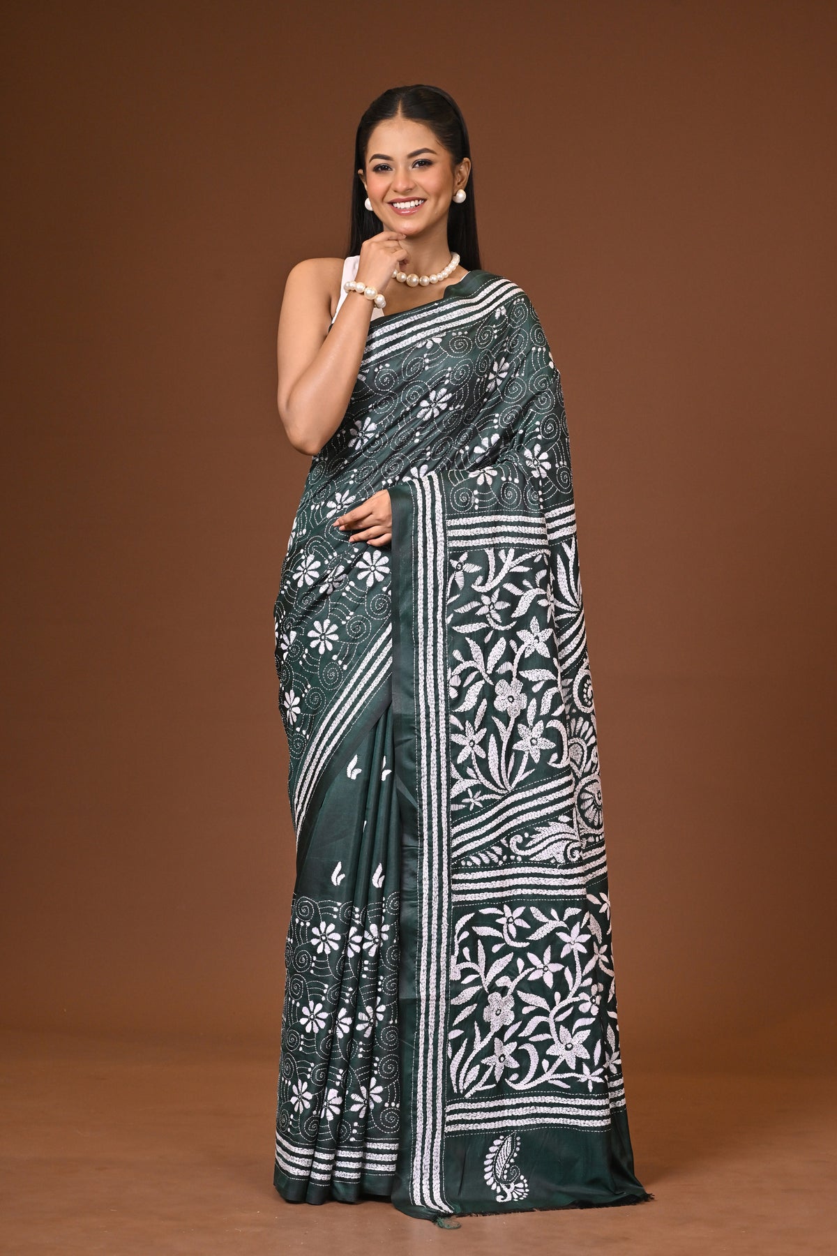 Blended Silk Kantha Stitch Saree Bottle Green