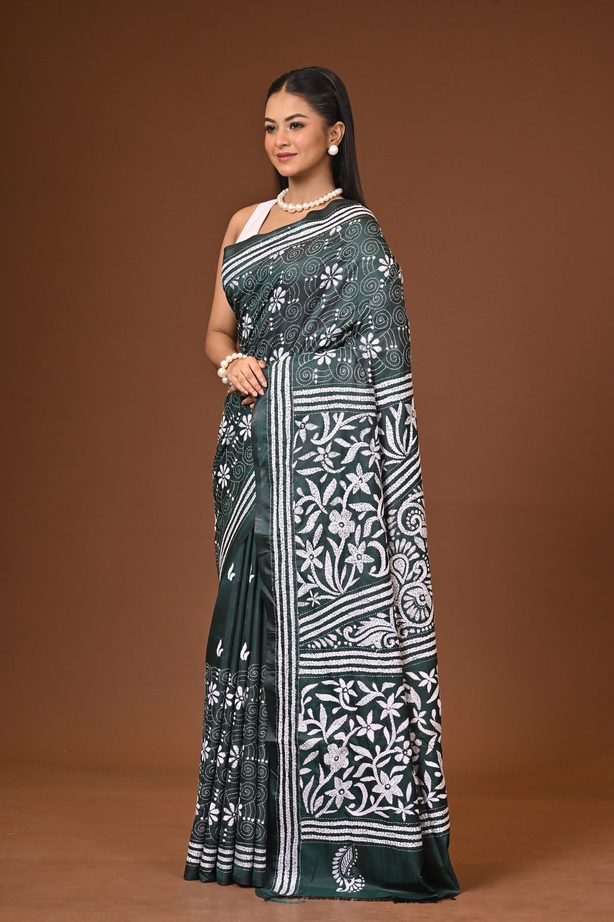 Blended Silk Kantha Stitch Saree Bottle Green