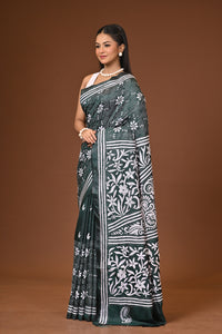 Blended Silk Kantha Stitch Saree Bottle Green