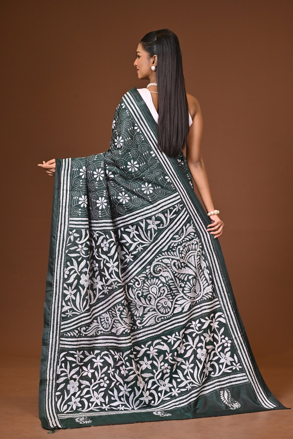 Blended Silk Kantha Stitch Saree Bottle Green