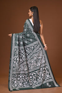 Blended Silk Kantha Stitch Saree Bottle Green