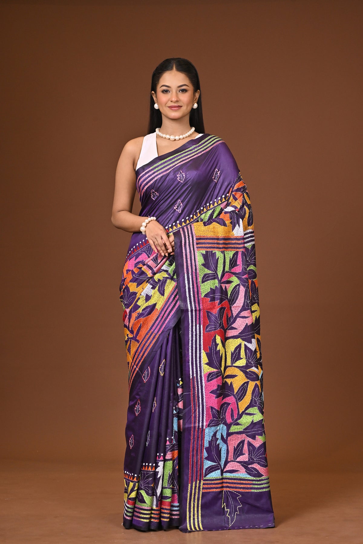 Blended Silk Kantha Stitch Saree Royal Blue
