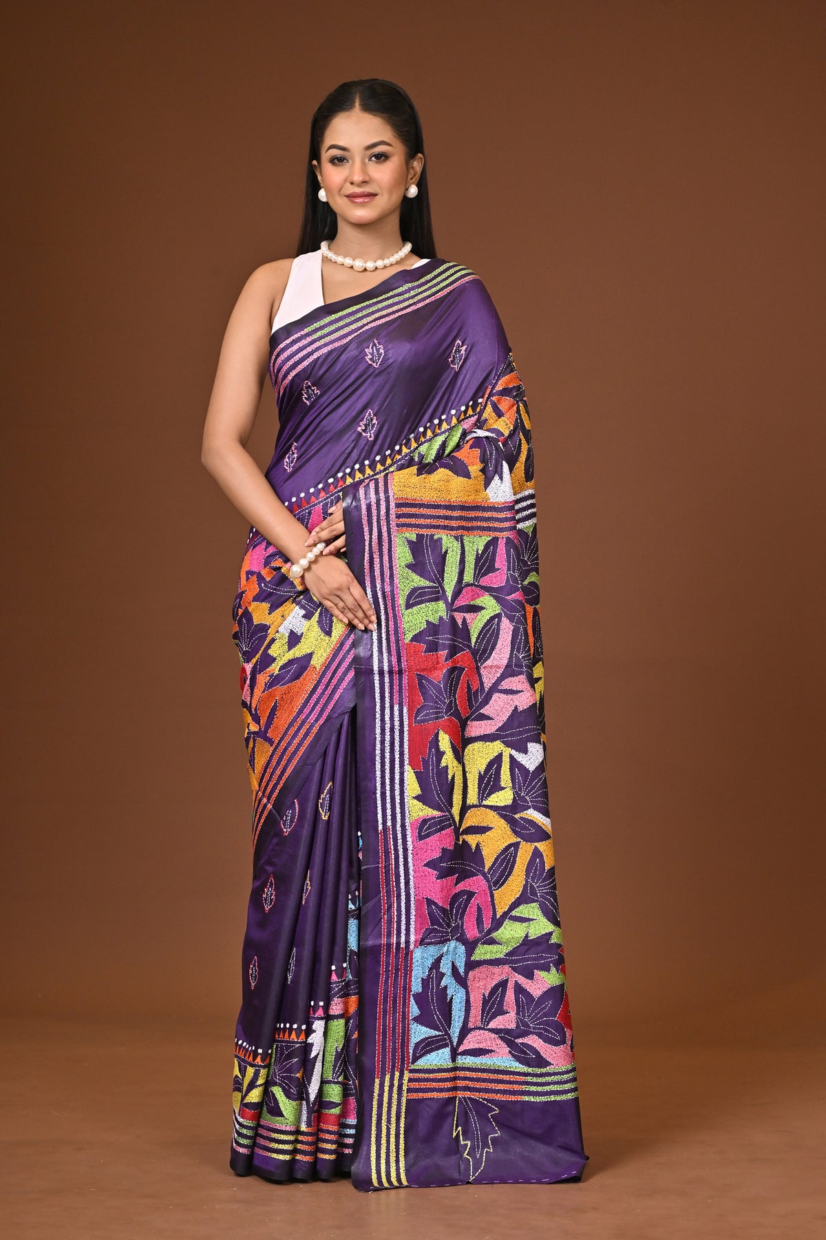 Blended Silk Kantha Stitch Saree Royal Blue