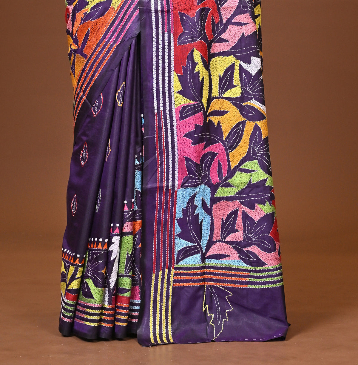 Blended Silk Kantha Stitch Saree Royal Blue