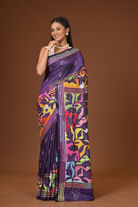 Blended Silk Kantha Stitch Saree Royal Blue