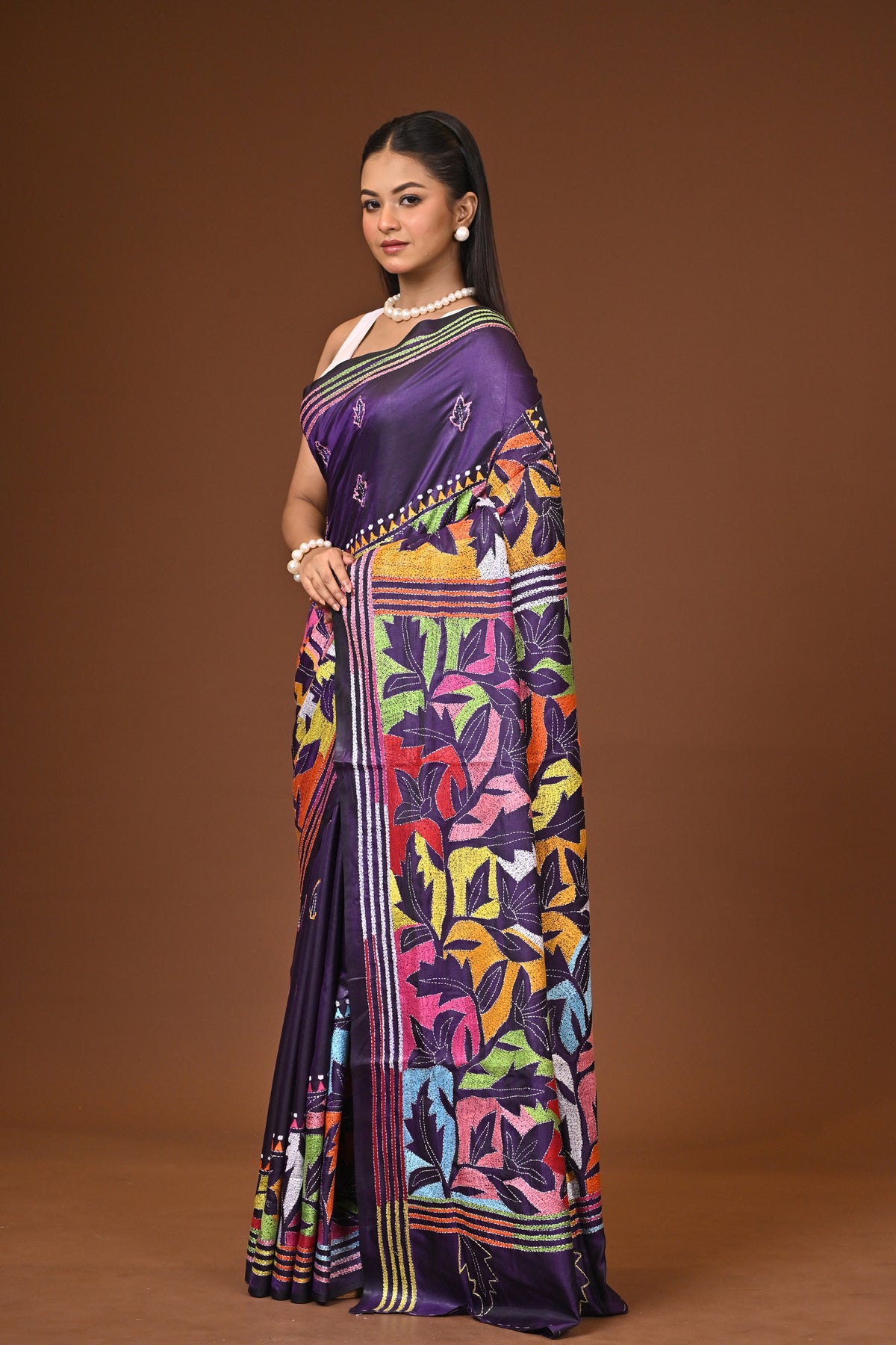 Blended Silk Kantha Stitch Saree Royal Blue