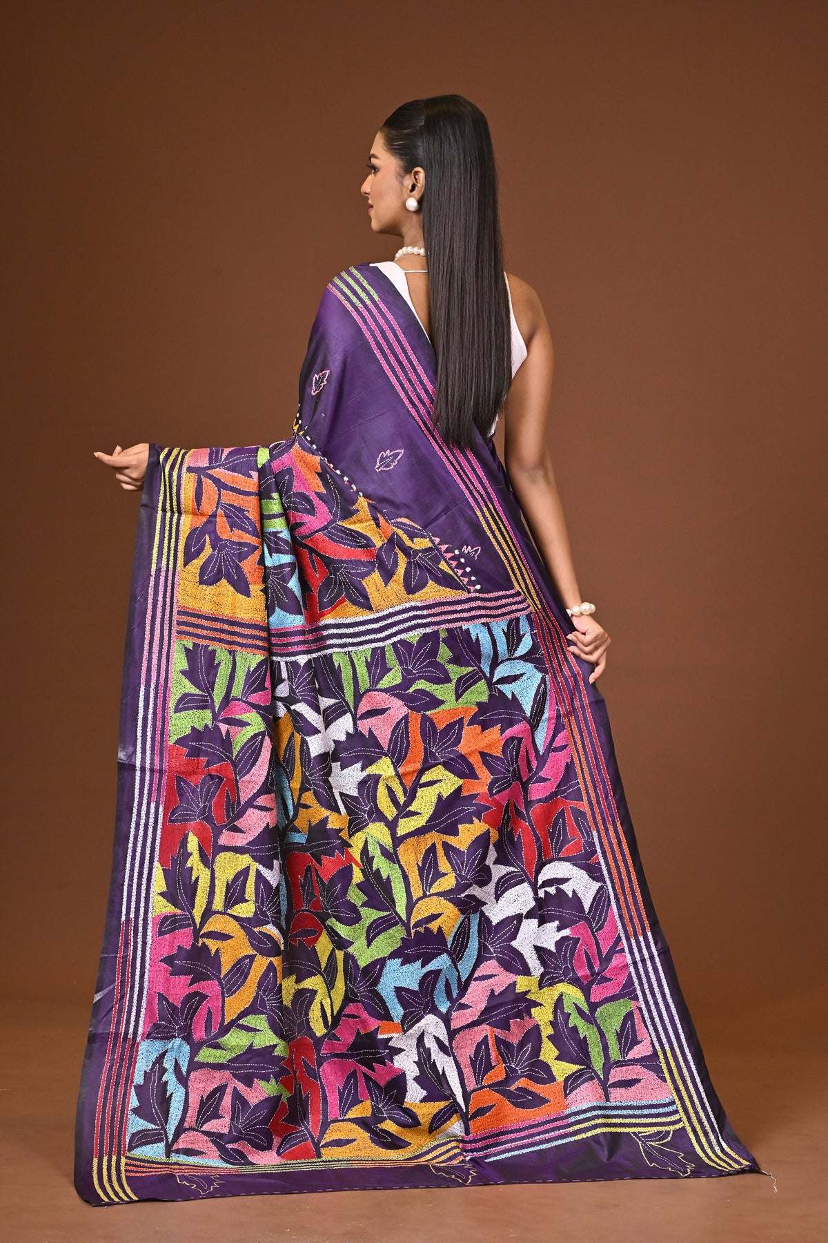 Blended Silk Kantha Stitch Saree Royal Blue