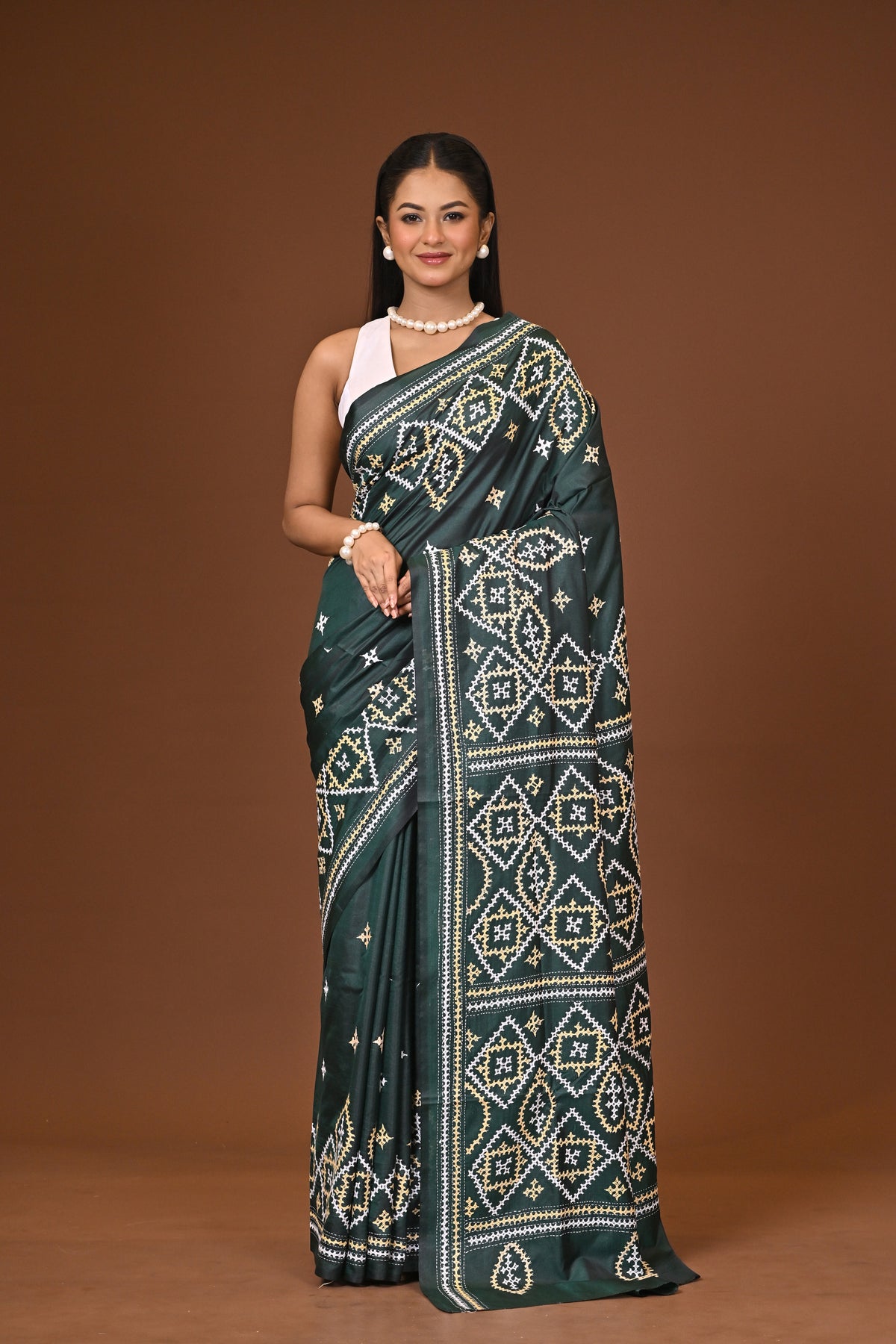 Blended Silk Kantha Stitch Saree Bottle Green