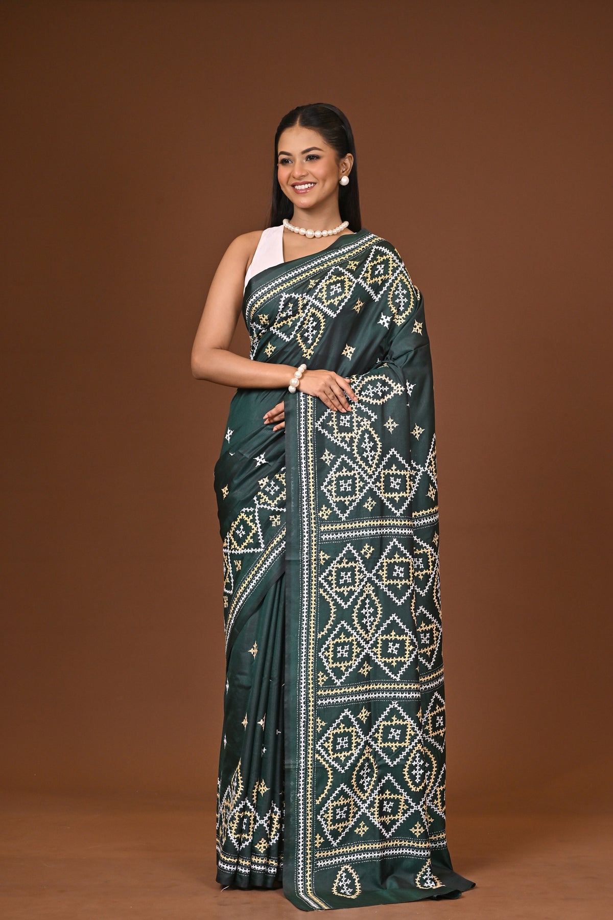 Blended Silk Kantha Stitch Saree Bottle Green