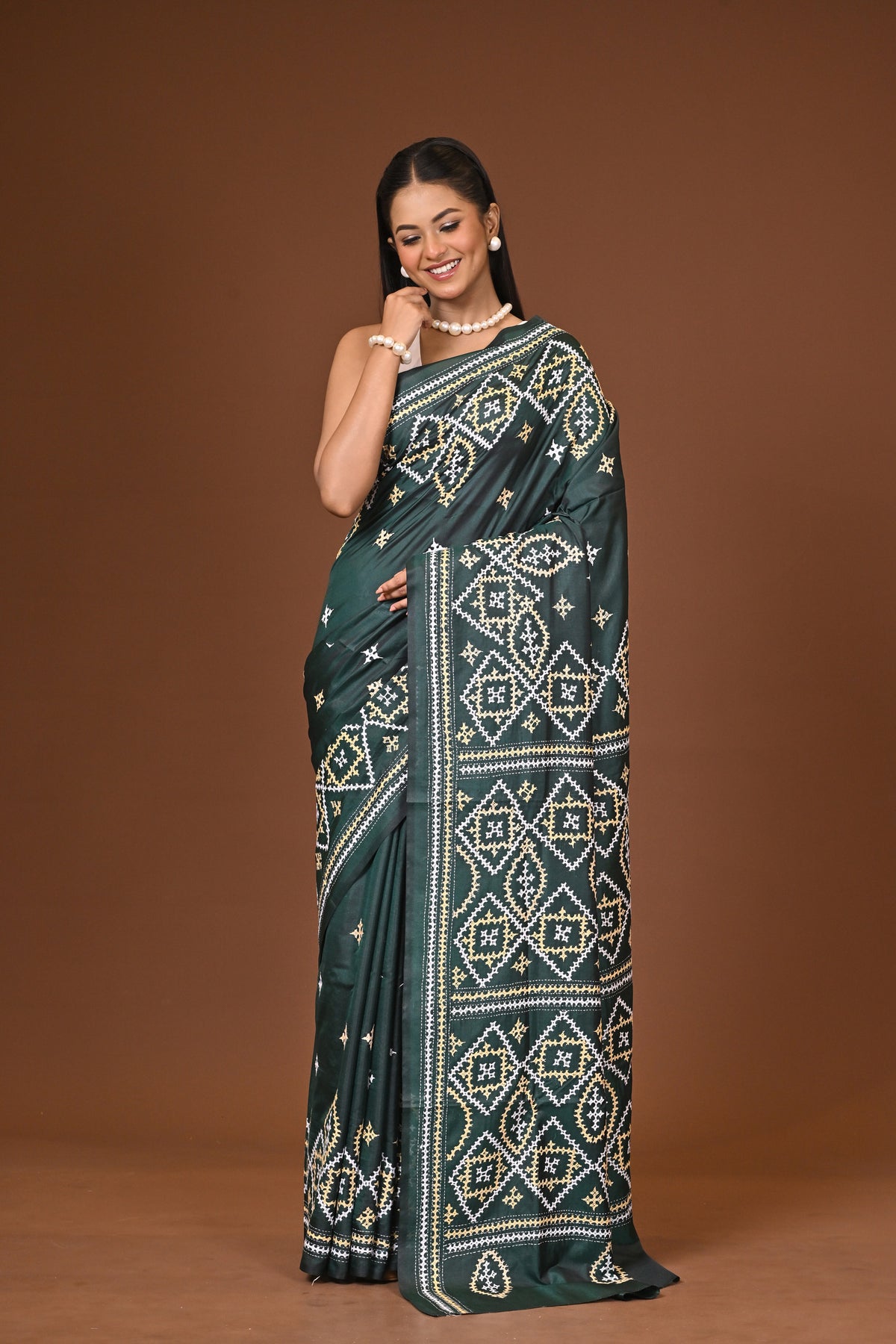 Blended Silk Kantha Stitch Saree Bottle Green